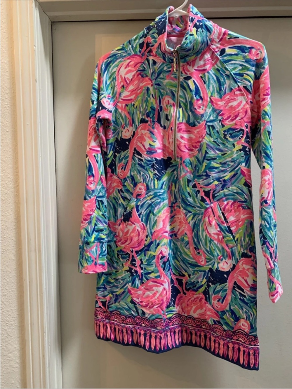 Lilly Pulitzer Pink Blue Flamingo Popover Beach French Terry Dress XS WORN 2X - Picture 2 of 6
